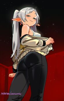 1girl ass black_pants blush breasts closed_mouth commentary cosplay covered_erect_nipples drive_(movie) driver_(drive) driver_(drive)_(cosplay) earrings elf english_commentary frieren from_behind grey_hair half-closed_eyes highres indoors jacket jewelry long_hair long_sleeves looking_at_viewer looking_back medium_breasts pants parted_bangs patreon_username pointy_ears smirk snegovski solo sousou_no_frieren strap_gap thick_eyebrows twintails zipper zipper_pull_tab