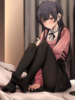 Rule 34 | 1girl, ass, bed sheet, black hair, black pantyhose, black skirt, blush, feet, full body, highres, idolmaster, idolmaster shiny colors, indoors, jirai kei, knees up, legs, long legs, looking at viewer, mayuzumi fuyuko, nakamura rohane, no shoes, on bed, pantyhose, pink shirt, shirt, sitting, skirt, solo, sweatdrop, two side up