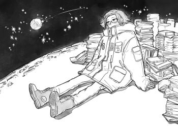 Rule 34 | 0mogu0, 1boy, aotsuki eito, book, book stack, breast pocket, commentary, covered mouth, glasses, greyscale, highres, jacket, looking up, male focus, meteor, monochrome, on moon, pants, planet, pocket, shoes, short hair, sitting, sleeve pouch, sleeves past wrists, solo, star (sky), symbol-only commentary, the hundred line -last defense academy-