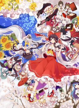 6+girls alcohol alice_margatroid alternate_color animal_ears apron arm_up arms_up ascot back_bow bare_shoulders bat_wings belt black_ascot black_bow black_bowtie black_dress black_eyes black_footwear black_headwear black_necktie black_skirt blonde_hair blue_bow blue_dress blue_eyes blue_hair blue_headwear blue_kimono blue_sky blue_vest blush boots bottle bow bowl bowtie box braid branch breasts brown_belt brown_dress brown_eyes brown_footwear brown_hair buttons capelet cat_ears chain chen cherry_blossoms choker closed_eyes closed_mouth cloud cloudy_sky collared_dress collared_shirt commentary_request cookie crystal cup dango detached_sleeves dress drink drooling eating elbow_gloves eyes_visible_through_hair fang flandre_scarlet flower flying food food_on_face fox_ears fox_tail frills frog_hair_ornament fruit gem gloves green_bow green_dress green_eyes green_hair green_headwear grey_eyes grey_hair grey_hairband grey_headwear grey_legwear grey_ribbon hair_between_eyes hair_bow hair_ornament hair_tubes hairband hakurei_reimu hand_on_own_face hand_on_own_hip hand_up hands_up harano hat hat_bow hat_ornament hat_ribbon highres himekaidou_hatate hinanawi_tenshi horns ibuki_suika izayoi_sakuya japanese_clothes jewelry kazami_yuuka kimono kirisame_marisa kochiya_sanae konpaku_youmu leaf leaf_hat_ornament light lolita_hairband long_skirt long_sleeves looking_at_another looking_at_viewer looking_to_the_side maid maid_headdress medium_breasts medium_hair mob_cap mochi moriya_suwako multicolored_wings multiple_girls multiple_tails necktie one_eye_closed one_side_up open_mouth orange_eyes orange_hair pantyhose peach pink_dress pink_flower pink_hair pink_headwear pink_ribbon pink_skirt plaid_clothes plaid_skirt plate player_2 pointy_ears pom_pom_(clothes) puffy_long_sleeves puffy_short_sleeves puffy_sleeves purple_bow purple_bowtie purple_dress purple_eyes purple_hair purple_skirt red_ascot red_bow red_bowtie red_choker red_dress red_eyes red_footwear red_hairband red_headwear red_ribbon red_shirt red_skirt remilia_scarlet ribbon saigyouji_yuyuko same sandals shadow shameimaru_aya shirt short_hair short_sleeves single_braid sitting skirt sky sleeveless sleeveless_shirt slippers smile snake_hair_ornament socks standing sunflower tabard table tail tokin_hat tongue touhou tray tree triangular_headpiece twin_braids twintails vest wagashi white_apron white_belt white_bow white_bowtie white_capelet white_dress white_flower white_gloves white_headwear white_legwear white_shirt wide_sleeves wings witch_hat wrist_cuffs wristband yakumo_ran yakumo_yukari yellow_ascot yellow_flower yellow_headwear