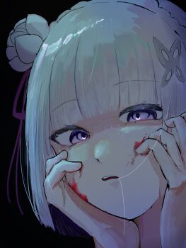 Rule 34 | 1girl, black background, blood, blood on face, blunt bangs, commentary, emilia (re:zero), flower, grey hair, hair flower, hair in own mouth, hair ornament, hair ribbon, hands on own cheeks, hands on own face, highres, loose hair strand, parted lips, portrait, purple eyes, purple ribbon, re:zero kara hajimeru isekai seikatsu, ribbon, short hair, simple background, solo, straight hair, x hair ornament, ytt5fr3byk81322 (ichigo ame)