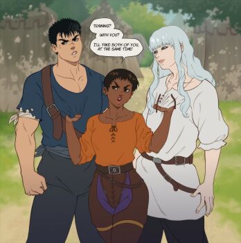 1girl 2boys absurdres berserk black_hair black_pants blue_shirt brown_hair brown_pants casca_(berserk) commentary dark-skinned_female dark_skin day english_commentary english_text griffith_(berserk) guts_(berserk) highres long_hair multiple_boys orange_shirt outdoors pants peppr_n'_salt shirt speech_bubble tunic very_dark_skin white_hair white_tunic