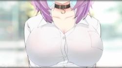 1girl 60+fps :3 animal_collar animated black_collar bouncing_breasts bow bowtie breast_focus breasts breasts_squeezed_together bursting_breasts button_gap buttons choker cleavage close-up collar collarbone collared_shirt hato_haru head_out_of_frame hololive hololive_gamers large_breasts nekomata_okayu nekomata_okayu_(oversized_shirt) no_bra official_alternate_costume popped_button purple_hair shirt short_hair solo video virtual_youtuber wardrobe_malfunction