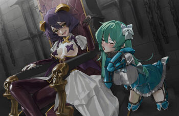 2girls ahoge aqua_hair bdsm bondage boots bound bow breasts chain chain_leash chair collar corset dominatrix dress femdom frilled_dress frills highres human_dog large_breasts leash long_hair magia_azure magia_baiser magical_girl mahou_shoujo_ni_akogarete medium_hair multiple_girls on_chair one_eye_closed open_mouth pasties pet_play restrained saaal653 shrug_(clothing) slave small_breasts stationary_restraints thigh_boots throne tongue tongue_out white_bow yuri