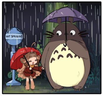 Rule 34 | 1girl, ahoge, animal feet, beep (sheepiu), brown hair, brown horns, bus stop, closed eyes, holding, holding umbrella, horns, long hair, long sleeves, open mouth, plant, purple umbrella, rain, red umbrella, shadow, sheepiu, smile, tonari no totoro, totoro, totoro bus stop, tree, umbrella, very long hair