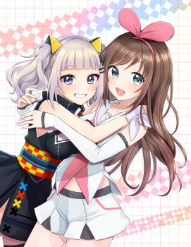 absurdres akowazaki detached_sleeves hair_ribbon highres hug kaguya_luna kizuna_ai kizuna_ai_(1st_costume) kizuna_ai_inc. long_hair midriff ribbon short_shorts shorts