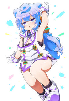 1boy ahoge arm_up armpits blue_eyes blue_hair dress gloves hacka_doll hacka_doll_3 highres komito long_hair looking_at_viewer open_mouth shoes solo trap triangle_mouth white_background white_dress white_gloves white_shoes