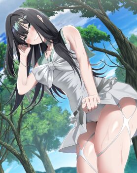 1girl absurdres asymmetrical_bangs bandaid bandaid_on_finger bandaid_on_hand bell black_hair blue_sky blush bow bracelet breasts cleavage clothes_lift cloud commentary cowboy_shot dress dress_lift fishnet_pantyhose fishnets from_below goddess_of_victory:_nikke grey_eyes grin hair_ornament hair_over_shoulder hairclip head_tilt highres jewelry large_breasts long_hair looking_at_viewer meowao mint_(fresh_mint)_(nikke) mint_(nikke) neck_bell outdoors panties pantyhose skindentation sky sleeveless smile solo standing sweat tree underwear very_long_hair white_panties