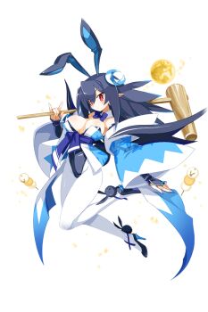 1girl animal_ears ball blue_hair bow bowtie breasts bright_pupils cleavage crescent crescent_hair_ornament detached_sleeves disgaea disgaea_rpg earrings fake_animal_ears fake_tail full_body hair_ornament high_heels huge_breasts jewelry leotard long_hair non-web_source official_art pantyhose photoshop_(medium) pointy_ears pump rabbit_ears rabbit_tail red_eyes slit_pupils solo sparkle strapless strapless_leotard tail transparent_background white_pantyhose wide_sleeves