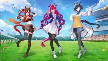 3girls agnes_tachyon_(tach-nology)_(umamusume) agnes_tachyon_(umamusume) agnes_tachyon_(umamusume)_(cosplay) ahoge animal_ears aqua_eyes belt black_hairband black_horns black_pantyhose black_streaks black_thighhighs blue_bow blue_bowtie blue_eyes blue_gemstone blue_hair blue_jacket blue_shirt blue_skirt blue_sky blue_tail blurry blurry_background boots bow bow_earrings bow_hairband bowtie brooch brown_boots brown_dress brown_gloves choppy_bangs cloud coat collar colored_tips commentary_request confetti cosplay cropped_jacket crossed_bangs crowd doll_hair_ornament double-parted_bangs dress ear_ornament earrings ears_through_headwear extra_ears fangs fingerless_gloves flat_cap floating_hair fold-over_boots full_body gem gloves grass grass_wonder_(stone-piercing_blue)_(umamusume) grass_wonder_(umamusume) grass_wonder_(umamusume)_(cosplay) hair_between_eyes hair_intakes hairband hakos_baelz hand_on_own_hip hat head_chain heterochromia hololive hololive_english holopromise horns horse_ears horse_girl horse_tail hourglass irys_(hololive) jacket jewelry key key_necklace knee_boots l_hand lab_coat lapels long_hair long_sleeves looking_at_viewer miyanami_3 multicolored_eyes multicolored_hair multiple_girls necklace notched_lapels official_art open_hand open_mouth ouro_kronii outstretched_arms pantyhose parted_lips pink_belt pink_gemstone pink_hair pleated_skirt pointy_ears ponytail purple_eyes red_jacket red_streaks sailor_collar scrunchie sharp_teeth shirt short-sleeved_jacket short_hair short_sleeves skirt sky sleeves_past_fingers sleeves_past_wrists spiked_collar spikes spread_fingers stadium star-shaped_pupils star_(symbol) sweater symbol-shaped_pupils tail tail_bow tail_ornament teeth thighhighs tokai_teio_(beyond_the_horizon)_(umamusume) tokai_teio_(umamusume) tokai_teio_(umamusume)_(cosplay) umamusume v very_long_hair virtual_youtuber white_boots white_bow white_bowtie white_coat white_dress white_sailor_collar white_streaks wing_collar wolf_cut yellow_scrunchie yellow_sweater yellow_trim