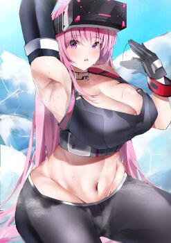 1girl arm_up armpits asymmetrical_gloves black_gloves black_leggings black_pants black_sports_bra blue_archive blue_background blush breasts choker cleavage egokoro_sai eimi_(armed)_(blue_archive) eimi_(blue_archive) elbow_gloves fanning_self gloves head-mounted_display ice large_breasts leggings long_hair lowleg lowleg_pants navel open_mouth outdoors pants pink_hair purple_eyes sitting sky solo sports_bra straight_hair sweat tight_clothes tight_pants very_long_hair wristband