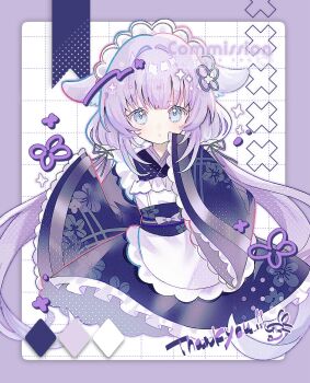 Rule 34 | 1girl, apron, biko0205, blue eyes, blue kimono, blue sash, blush, border, commentary, commission, cropped torso, frilled kimono, frilled sleeves, frills, grid background, hair intakes, hands up, highres, japanese clothes, kimono, long hair, long sleeves, looking at viewer, low twintails, maid headdress, obi, open mouth, original, outside border, purple border, purple hair, sash, sleeves past wrists, solo, thank you, twintails, white apron, white background, wide sleeves