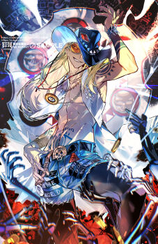 Rule 34 | 1boy, absurdres, belt, black hat, blonde hair, blue tattoo, commentary request, cowboy hat, denim, denim shorts, eeju, fate/grand order, fate (series), gold jacket, hat, highres, jewelry, long hair, looking at viewer, male focus, medallion, open clothes, open vest, orange-tinted eyewear, shorts, smile, solo, sunglasses, tattoo, tezcatlipoca (fate), tezcatlipoca (wild gunman) (fate), tinted eyewear, vest, white vest, wide brim
