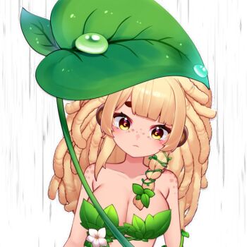 1girl animal_ears bananajuju blonde_hair breasts brown_eyes cleavage dreadlocks indie_virtual_youtuber leaf_bra leaf_umbrella long_hair looking_at_viewer monkey_ears monkey_girl plant_clothing rain simple_background solo virtual_youtuber white_background