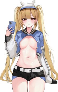 1girl animal_ears animated animated_gif artist_request baseball_club_mob_(draco) belt black_shorts blonde_hair blue_jacket breasts bu_leike buttons cellphone check_artist cleavage closed_mouth commission cowboy_shot cropped_jacket exposed_pocket fake_animal_ears hand_up hat highres holding holding_phone jacket long_hair long_sleeves looking_at_viewer medium_breasts micro_shorts midriff navel no_bra open_clothes open_jacket original partially_unbuttoned phone puffy_long_sleeves puffy_sleeves red_eyes second-party_source short_shorts shorts simple_background smartphone solo standing stomach thighs twintails very_long_hair visor_cap white_background white_hat white_sleeves winking_(animated)