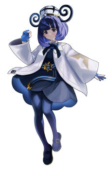 1girl black_dress blue_dress blue_gloves blue_hair blue_pantyhose blunt_bangs blush bob_cut closed_mouth coat dress full_body gloves gradient_hair gwynn_(pokemon) hat highres long_sleeves looking_at_viewer mega_stone multicolored_hair nintendo open_clothes open_coat pantyhose partially_fingerless_gloves pokemon pokemon_legends:_z-a purple_eyes purple_hair setta_shu short_hair simple_background solo white_background white_coat