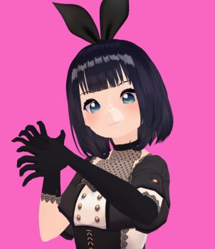 1girl 3d aqua_eyes black_choker black_dress black_hair black_ribbon blush choker dress hair_ribbon miou_vtuber necktie pink_background playboy_bunny rabbit ribbon short_hair simple_background solo source_request upper_body