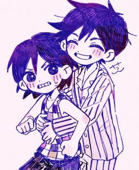 2boys antenna_hair blush bright_pupils brothers checkered_clothes clenched_teeth closed_eyes collarbone collared_pajamas colored_skin commentary_request double-parted_bangs grey_background hair_between_eyes hero_(headspace)_(omori) hero_(omori) hug hug_from_behind kel_(headspace)_(omori) kel_(omori) long_sleeves male_focus multiple_boys o_tori_mhyk omori open_mouth pajamas pants purple_eyes purple_hair short_hair siblings simple_background smile striped_clothes striped_pajamas striped_pants sweat tank_top teeth vertical-striped_clothes vertical-striped_pajamas vertical-striped_pants white_pajamas white_pants white_pupils white_skin