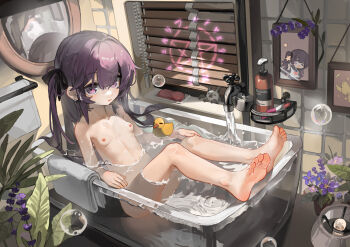1girl absurdres barefoot bath bathing bathroom bathtub black_ribbon breasts bubble commentary_request completely_nude feet flower full_body hair_ribbon highres indoors kele_mimi legs loli long_hair looking_at_viewer navel nipples nude original partially_submerged plant potted_plant purple_eyes purple_flower purple_hair pussy ribbon rubber_duck slice_of_life small_breasts soap_bubbles soles solo stomach toes variant_set water