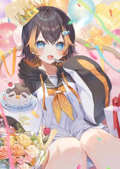 1girl :d balloon birthday birthday_cake black_hair blonde_hair blue_eyes blush bouquet cake chair commentary commentary_request confetti crown english_commentary flower folded_ponytail food fork gift hair_between_eyes highres holding holding_fork hood hood_down knees_together_feet_apart looking_at_viewer mixed-language_commentary multicolored_hair neckerchief nijisanji nijisanji_en on_chair open_mouth orange_neckerchief petra_gurin petra_gurin_(1st_costume) short_hair sitting sleeves_past_fingers sleeves_past_wrists smile streaked_hair streamers virtual_youtuber zuwaineko