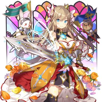 1girl aqua_eyes bear black_thighhighs braid breasts brown_hair cleavage commentary_request crown dress flower hair_between_eyes holding holding_sword holding_weapon lidelle_esquire long_hair medium_breasts mini_crown orange_flower orange_rose rabbit rie_(reverie) rose sword thighhighs uchi_no_hime-sama_ga_ichiban_kawaii very_long_hair weapon yellow_flower yellow_rose