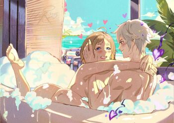 1boy 1girl aura barefoot bathing bathroom bathtub beach blonde_hair blue_eyes blush breasts commission completely_nude couple feet female_kiran_(fire_emblem) female_kiran_(fire_emblem)_(evomanaphy) fire_emblem fire_emblem_heroes foam freckles hug indoors kiran_(fire_emblem) large_breasts male_robin_(fire_emblem) male_robin_(grima)_(fire_emblem) medium_hair mixed-sex_bathing nintendo nude palm_tree red_eyes shared_bathing smile tree white_hair window yusi_vishnu