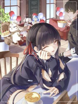 1boy 3girls abby_(wuthering_waves) absurdres arm_cutout balloon black_hair black_jacket black_shirt black_skirt blue_hair blue_veil breasts cafe camellya_(wuthering_waves) chigusa7h chisa_(wuthering_waves) clothing_cutout commentary_request cup dress feeding hair_ribbon hair_vines heart highres holding holding_cup indoors jacket latte_art long_hair long_sleeves looking_at_another looking_at_viewer male_rover_(wuthering_waves) medium_breasts mole mole_under_eye multiple_girls namipon_(wuthering_waves) one_eye_closed parted_lips red_eyes red_ribbon ribbon rover_(wuthering_waves) shirt shorekeeper_(wuthering_waves) short_hair short_twintails skirt smile tacet_mark_(wuthering_waves) thigh_strap thighs twintails two-tone_veil veil white_dress white_hair white_veil wuthering_waves yellow_eyes