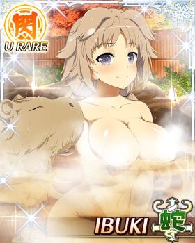 1girl animal between_legs border breasts brown_hair capybara card_(medium) character_name cleavage closed_mouth collarbone completely_nude convenient_censoring game_cg grey_eyes hand_between_legs ibuki_(senran_kagura) large_breasts light_blush long_hair looking_at_viewer low_twintails nude official_art onsen outdoors partially_submerged senran_kagura senran_kagura_new_wave smile solo steam steam_censor third-party_source twintails water