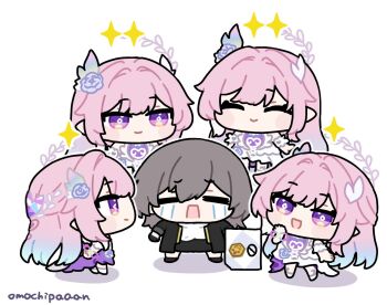 Rule 34 | 2girls, bare shoulders, blue hair, chibi, closed eyes, closed mouth, crying, cyrene (honkai: star rail), grey hair, honkai: star rail, honkai (series), multicolored hair, multiple girls, omochi binta, open mouth, pink hair, star (symbol), stelle (honkai: star rail), trailblazer (honkai: star rail), very big eyes, watermark