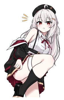1girl absurdres artist_request bare_shoulders black_jacket black_skirt black_socks grey_hair highres jacket long_hair looking_at_viewer original red_eyes shirt simple_background skirt socks solo thigh_strap thighs white_background white_shirt