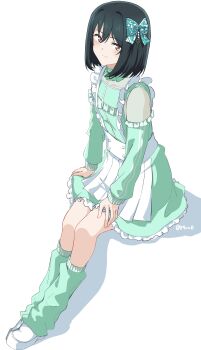 1girl 89ru0 absurdres apron black_hair blush bob_cut bow buttons closed_mouth commentary_request double-breasted dress frilled_dress frills full_body green_bow green_dress green_leg_warmers hair_bow highres invisible_chair jersey_maid leg_warmers long_sleeves looking_at_viewer loose_socks love_live! love_live!_nijigasaki_high_school_idol_club maid mifune_shioriko official_alternate_costume orange_eyes pleated_apron shoes short_dress short_hair sitting smile socks solo twitter_username unconventional_maid waist_apron white_apron white_shoes