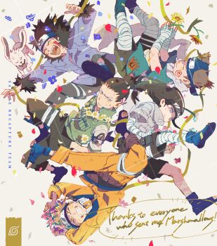 Rule 34 | 5boys, akamaru (naruto), akimichi chouji, bandages, black hair, blonde hair, brown hair, closed mouth, dog, english text, fangs, flower, forehead protector, frown, grin, head wreath, highres, holding, holding flower, hyuuga neji, inuzuka kiba, konohagakure symbol, magotsuki (hurray), male focus, midair, multiple boys, nara shikamaru, naruto (classic), naruto (series), open mouth, smile, speech bubble, uzumaki naruto