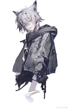 1girl :d absurdres ahoge ambience_synesthesia animal_ear_fluff animal_ears arknights artist_name black_hoodie chinese_commentary commentary fang from_side grey_eyes grey_hair grey_jacket grey_theme head_tilt highres hood hood_down hoodie jacket lappland_(ambience_synesthesia)_(arknights) lappland_(arknights) looking_at_viewer min_(120716) official_alternate_costume official_alternate_hair_length official_alternate_hairstyle open_clothes open_jacket open_mouth reverse_trap short_hair simple_background three-quarter_sleeves smile solo tomboy torso turning_head very_short_hair watermark weibo_watermark white_background wolf_ears wolf_girl