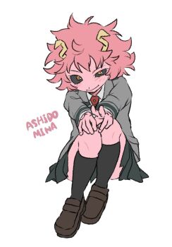 1girl antennae ashido_mina black_sclera black_skirt black_socks boku_no_hero_academia brown_eyes brown_shoes character_name closed_mouth collared_shirt colored_sclera full_body grey_jacket jacket light_blush loafers necktie nununanu pink_hair pleated_skirt red_necktie school_uniform shirt shoes short_hair sitting skirt smile socks solo u.a._school_uniform white_background white_shirt