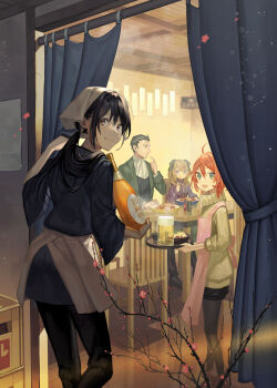 Rule 34 | 1boy, 3girls, alcohol, apron, ascot, beer mug, black hair, black pantyhose, black shorts, bottle, brown hair, chair, cup, curtains, eva (isekai izakaya), flower, gernot, hair between eyes, henrietta (isekai izakaya), highres, indoors, isekai izakaya "nobu", izakaya, kururi, long hair, long sleeves, mug, multiple girls, official art, pantyhose, ponytail, red hair, samue, senke shinobu, short hair, shorts, sitting, standing, steam, sweater, white ascot, wide sleeves, wooden floor