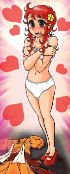 1girl blush bra breasts cleavage collarbone covering_breasts covering_privates crotch_seam dress embarrassed flower g-hiiragi green_eyes hair_flower hair_ornament heart heart_necklace jewelry kanzaki_megu magical_girl majokko_megu-chan mary_janes medium_breasts navel necklace no_socks open_mouth orange_dress panties pink_background puffy_sleeves red_hair red_shoes shoes short_hair short_sleeves sidelocks standing sunburst sunburst_background sweat teeth underwear unworn_dress unworn_jewelry unworn_necklace white_bra white_panties yellow_flower