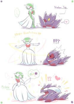 !? ... blush bob_cut closed_eyes colored_skin dress elbow_gloves gardevoir gen_1_pokemon gen_3_pokemon gengar ghost gloves green_hair green_skin hair_over_one_eye heart mega_evolution mega_gardevoir mega_gengar mega_pokemon multicolored_skin nintendo pink_eyes pokemon pokemon_(creature) red_eyes shishiko_(dlion0000) simple_background speech_bubble tears third_eye thought_bubble two-tone_skin white_background white_dress white_gloves white_skin