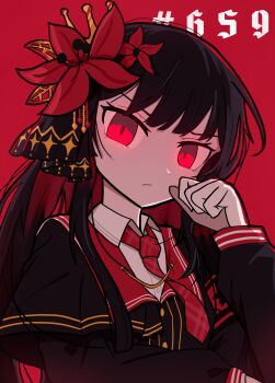 1girl absurdres armband backlighting black_dress black_hair commentary_request crown dishthecatlover dress flower gloves glowing glowing_eyes highres long_hair mahou_shoujo_no_majo_saiban necktie nikaido_hiro red_armband red_eyes red_necktie simple_background white_gloves