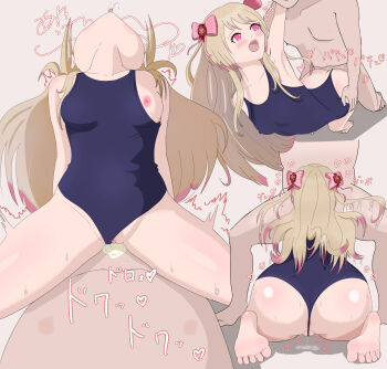1boy 1girl ass barefoot chaos_marie_(grimms_notes) cowgirl_position from_behind grimms_notes head_back hetero long_hair nipples open_mouth pink_eyes school_swimsuit sex simple_background smile straddling swimsuit tako_(user_fmpc3443) translation_request vaginal white_background
