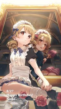 2girls apron artist_name birthday black_dress black_footwear blonde_hair blue_bow blue_bowtie blush bow bowtie breasts brown_eyes character_name checkered_floor clone closed_mouth commentary_request cup dated dress drink duster english_text feather_duster fingernails flower hand_up happy_birthday headdress highres holding holding_duster holding_hands idol idol_clothes idolmaster idolmaster_cinderella_girls idolmaster_cinderella_girls_starlight_stage indoors light_blush light_smile looking_back maid maid_apron maid_headdress medium_hair mirror morikubo_nono multiple_girls official_alternate_costume on_floor open_mouth red_flower red_rose rose shisui_(5830217) shoes signature sitting small_breasts smile socks swept_bangs tea teacup thighhighs tray twitter_username white_apron white_headdress