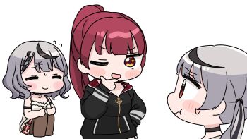 3girls :t ;d ^_^ anchor bare_shoulders black_choker black_hair black_jacket blush_stickers braid braided_bangs breasts brown_thighhighs camisole chibi choker cleavage closed_eyes closed_mouth flying_sweatdrops grey_hair hair_ornament highres hololive hood hood_down hooded_jacket houshou_marine houshou_marine_(summer) jacket long_hair medium_breasts mochimiko multicolored_hair multiple_girls no_shoes one_eye_closed open_mouth plaid_clothes plaid_skirt pleated_skirt ponytail pouch red_eyes red_hair red_skirt sakamata_chloe sakamata_chloe_(1st_costume) siblings simple_background sisters skirt smile squatting streaked_hair thighhighs twintails virtual_youtuber wavy_mouth white_background white_camisole x_hair_ornament