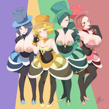 4girls 9rimson alternate_breast_size_(larger) areola_slip bare_arms bare_shoulders battle_chatelaine black_gloves black_pantyhose blonde_hair blue_dress blue_hair blue_hat blush breast_suppress breasts cleavage closed_mouth color_coordination commentary covered_erect_nipples dana_(pokemon) dated dress drill_hair elbow_gloves evelyn_(pokemon) fellatio_gesture glands_of_montgomery gloves green_dress green_eyes green_hair green_hat green_pantyhose green_shoes hair_over_one_eye hand_on_own_hip hand_up hat high_heels highres huge_breasts large_areolae large_breasts licking_lips lineup long_hair looking_at_viewer medium_hair morgan_(pokemon) multiple_girls nintendo nita_(pokemon) open_mouth pantyhose parted_bangs petite pink_shoes pokemon pokemon_x_and_y purple_eyes red_dress red_eyes red_hair red_hat shoes short_hair short_hair_with_long_locks signature small_breasts smile standing tongue tongue_out top_hat undersized_breast_cup untranslatable_commentary yellow_dress yellow_eyes yellow_hat yellow_shoes