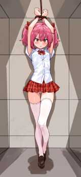 1girl ahoge armpits arms_up bakasp-lilzy bdsm blush bondage bound bound_wrists bow brown_eyes brown_shoes character_request closed_mouth collared_shirt commentary commission copyright_request double-parted_bangs english_commentary frown full_body hair_bow highres indoors large_variant_set loafers medium_hair microskirt panties pink_hair pixiv_commission plaid_clothes plaid_skirt pleated_skirt red_bow red_skirt rope school_uniform shirt shoes short_sleeves skirt solo standing thighhighs twintails underwear v-shaped_eyebrows variant_set white_panties white_shirt white_thighhighs wing_collar zettai_ryouiki