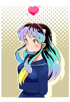 01angelegg 1girl arm_behind_back black_hair blue_hair blue_sailor_collar blue_serafuku blue_shirt blush gradient_hair grey_background highres horns lum multicolored_hair neckerchief sailor_collar sailor_shirt school_uniform serafuku shirt solo two-tone_background upper_body urusei_yatsura white_background yellow_eyes yellow_neckerchief
