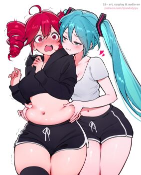2girls :3 aqua_eyes aqua_hair black_shorts black_sweater black_thighhighs blush breasts closed_mouth drill_hair hatsune_miku highres kasane_teto kasane_teto_(utau) large_breasts long_hair long_sleeves looking_at_another multiple_girls navel paid_reward_available plump qiandaiyiyu red_eyes red_hair shirt short_shorts short_sleeves shorts smile stomach sweater t-shirt thighhighs twintails utau vocaloid white_background white_shirt yuri