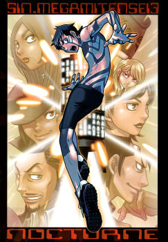 3girls 5boys artist_request beard black_border black_hair black_lips black_shorts black_veil blonde_hair border bright_background brown_eyes copyright_name demi-fiend dynamic_pose facial_hair from_side full-body_tattoo full_body hat_over_one_eye highres hijiri_jyouji hikawa_(megami_tensei) horns lady_in_black lipstick long_hair looking_at_viewer looking_back lucifer_(megami_tensei) makeup multiple_boys multiple_girls mustache nitta_isamu non-web_source official_art open_mouth shin_megami_tensei shin_megami_tensei_iii:_nocturne shoes short_hair shorts single_horn smirk sneakers tachibana_chiaki_(megami_tensei) takao_yuko tattoo topless_male veil