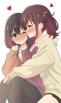 2girls absurdres black_hair black_pantyhose blush brown_hair cardigan closed_mouth commentary furutachi_kurea green_skirt hand_on_another&#039;s_thigh heart hibi_wa_sugiredo_meshi_umashi highres himahari_neru hood hoodie kawai_mako kiss kissing_cheek multiple_girls one_eye_closed pantyhose pleated_skirt purple_cardigan shirt simple_background skirt smile twintails white_background white_shirt yellow_eyes yellow_hoodie yuri