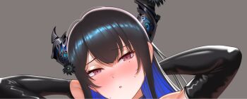 Rule 34 | 1girl, arms behind head, black hair, black horns, black sleeves, blue hair, blush, cipher4109, commentary, detached sleeves, english commentary, grey background, highres, hololive, hololive english, horns, long hair, mole, mole under eye, multicolored hair, nerissa ravencroft, purple eyes, simple background, solo, thumbnail collage, two-tone hair, virtual youtuber