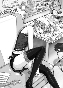 1girl absurdres bare_shoulders black_lips black_thighhighs camisole chaos;child chaos;head copyright_name corset couch cross crown_of_thorns earrings frilled_corset frilled_skirt frilled_tank_top frills greyscale grin guitar highres holding holding_microphone indoors instrument inverted_cross jewelry kishimoto_ayase lace lace-trimmed_thighhighs lace_trim leather leather_skirt mary_janes microphone monochrome narrowed_eyes parted_lips phantasm pleated_skirt robber-krzk science_adventure shoes short_hair signature sitting skirt smile solo steins;gate sumo_sticker_(chaos;child) thighhighs thighs translation_request upa_(steins;gate) zettai_ryouiki