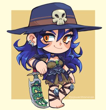 Rule 34 | 1girl, armor, armored skirt, artist name, barefoot, blue choker, blue hair, breasts, chibi, choker, commentary, commission, dang (runescape), earrings, english commentary, full body, hair between eyes, hat, highres, holding, holding sword, holding weapon, jade (gemstone), jewelry, joanna went bananas, knee pads, leaning on weapon, long bangs, long hair, medium breasts, old school runescape, orange eyes, original, runescape, second-party source, shoulder armor, simple background, single earring, smile, solo, standing, sword, thick eyebrows, weapon, yellow background, yellow eyes